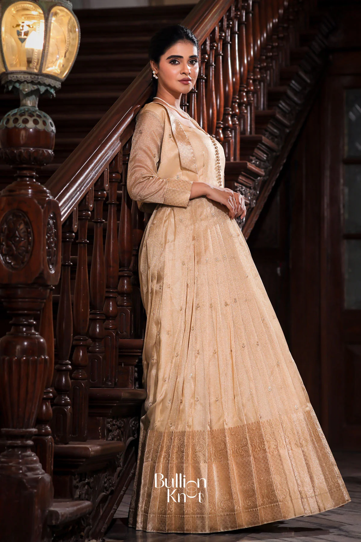 Nainika Zari Tissue Golden Detachable Jacket Gown Dress - Image 5