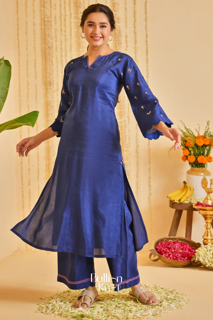 Neelkaari Linen Navy Blue Threadwork Kurta Set (Dress) - Image 5