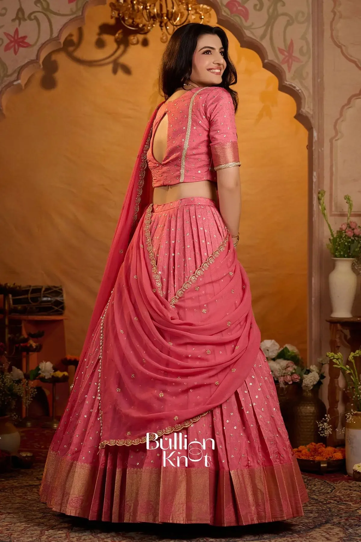 Shop Peetal Gulabi Viscose Dola Lehenga Set In Pink - Image 4