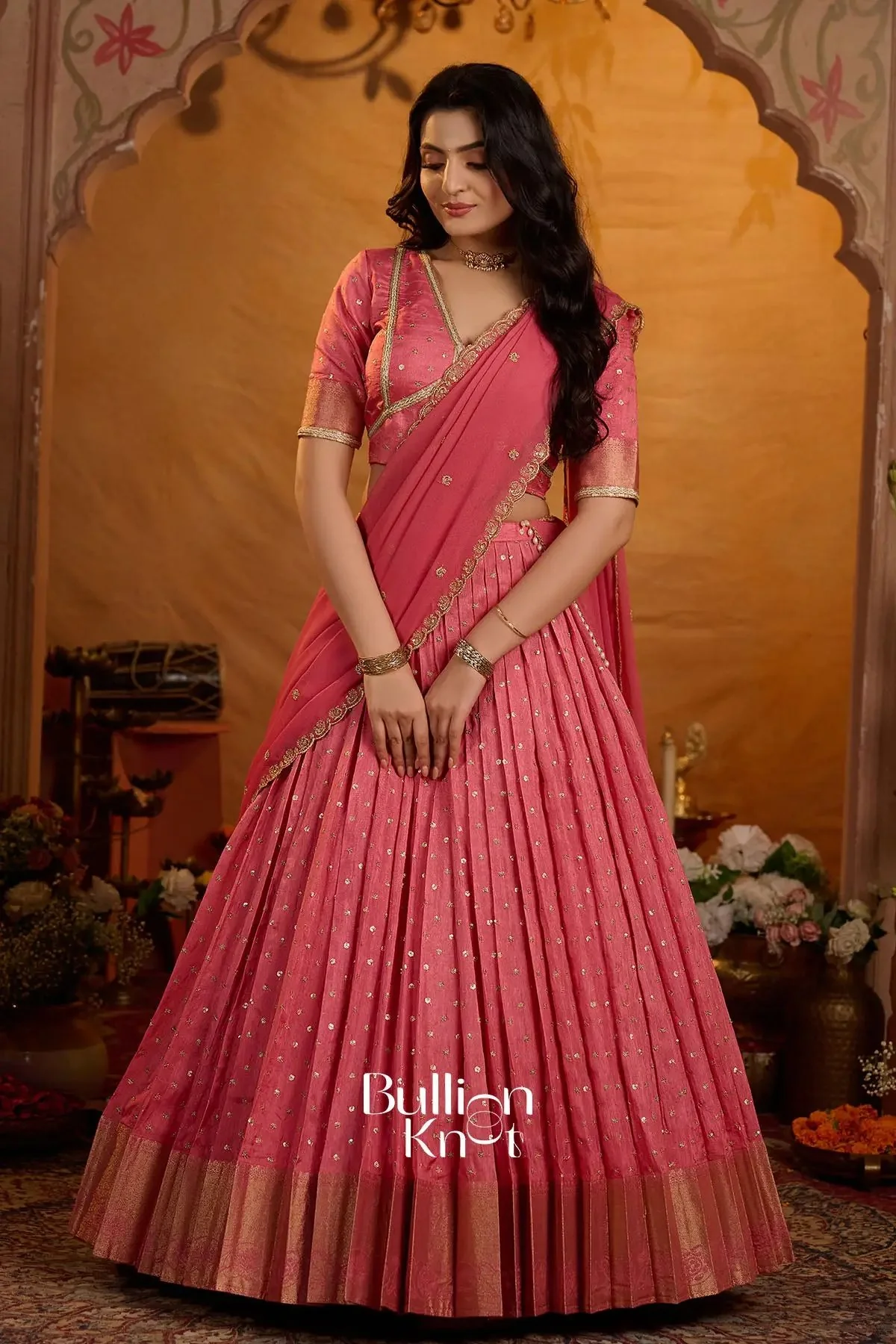 Shop Peetal Gulabi Viscose Dola Lehenga Set In Pink - Image 6