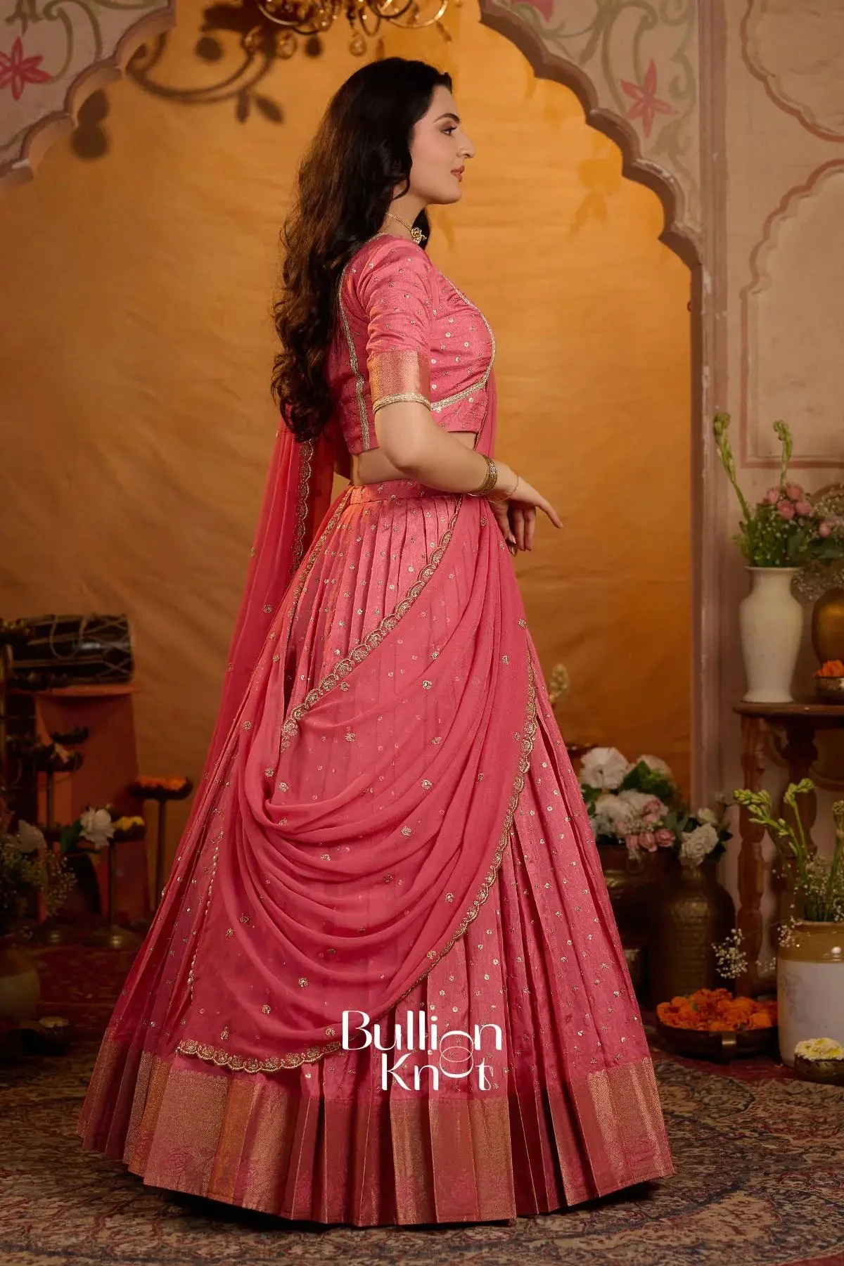 Shop Peetal Gulabi Viscose Dola Lehenga Set In Pink - Image 7