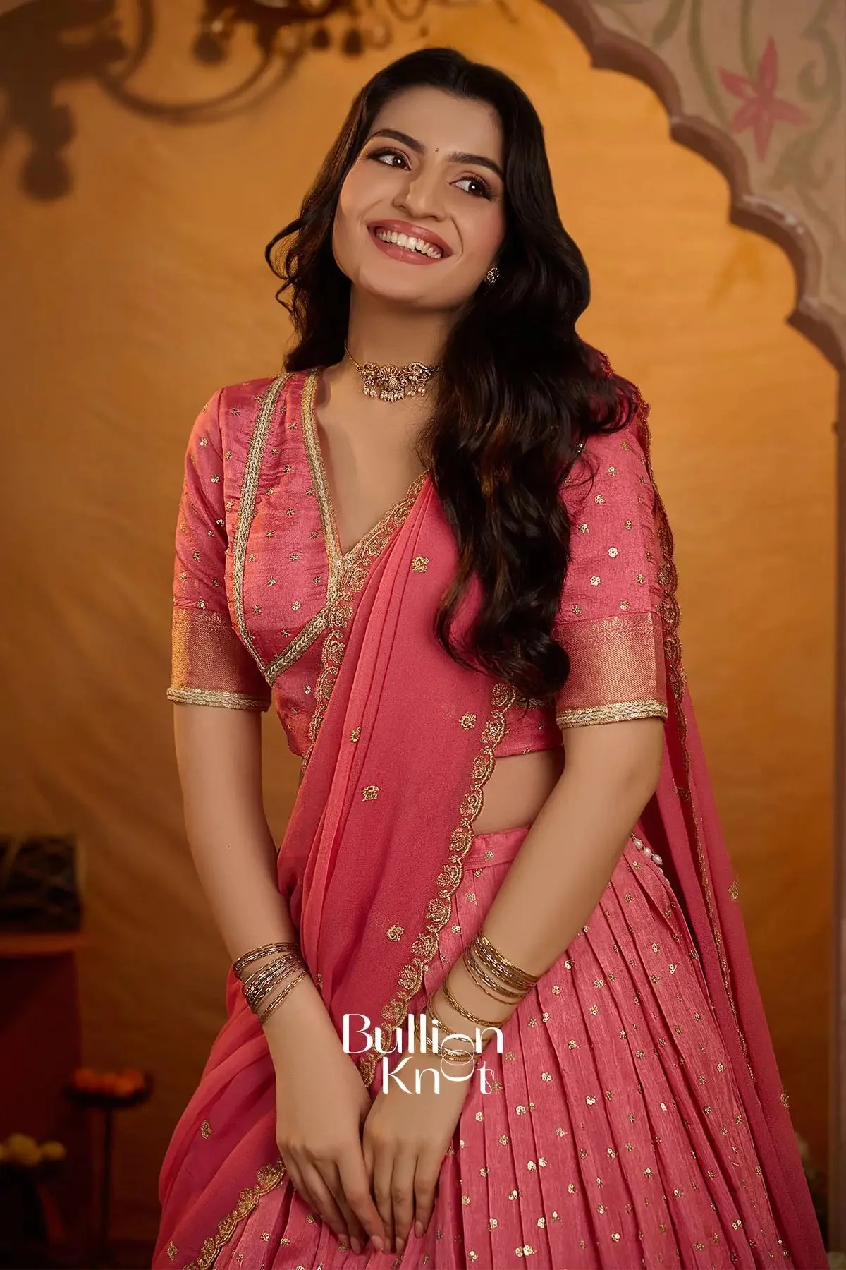 Shop Peetal Gulabi Viscose Dola Lehenga Set In Pink - Image 8