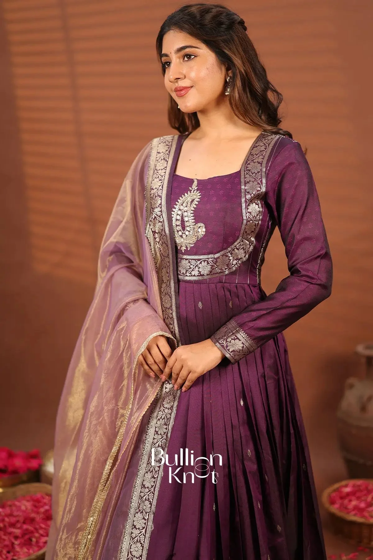 Pranali Wine Banarasi Silk Gown Dress Collection - Image 6