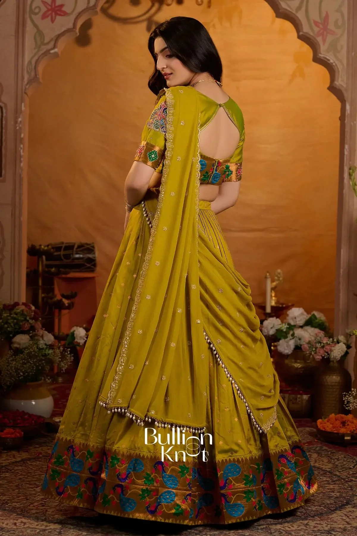 Rangbhoomi Paithani Silk Lehenga Set In Mustard for Festive Occasions - Image 4