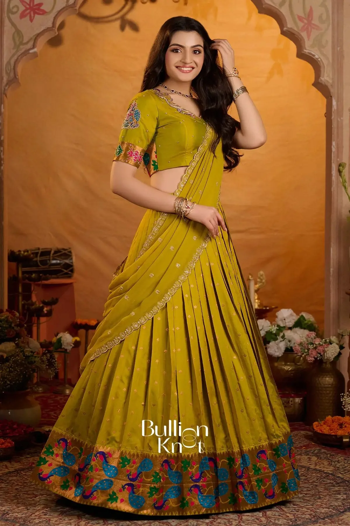 Rangbhoomi Paithani Silk Lehenga Set In Mustard for Festive Occasions - Image 8