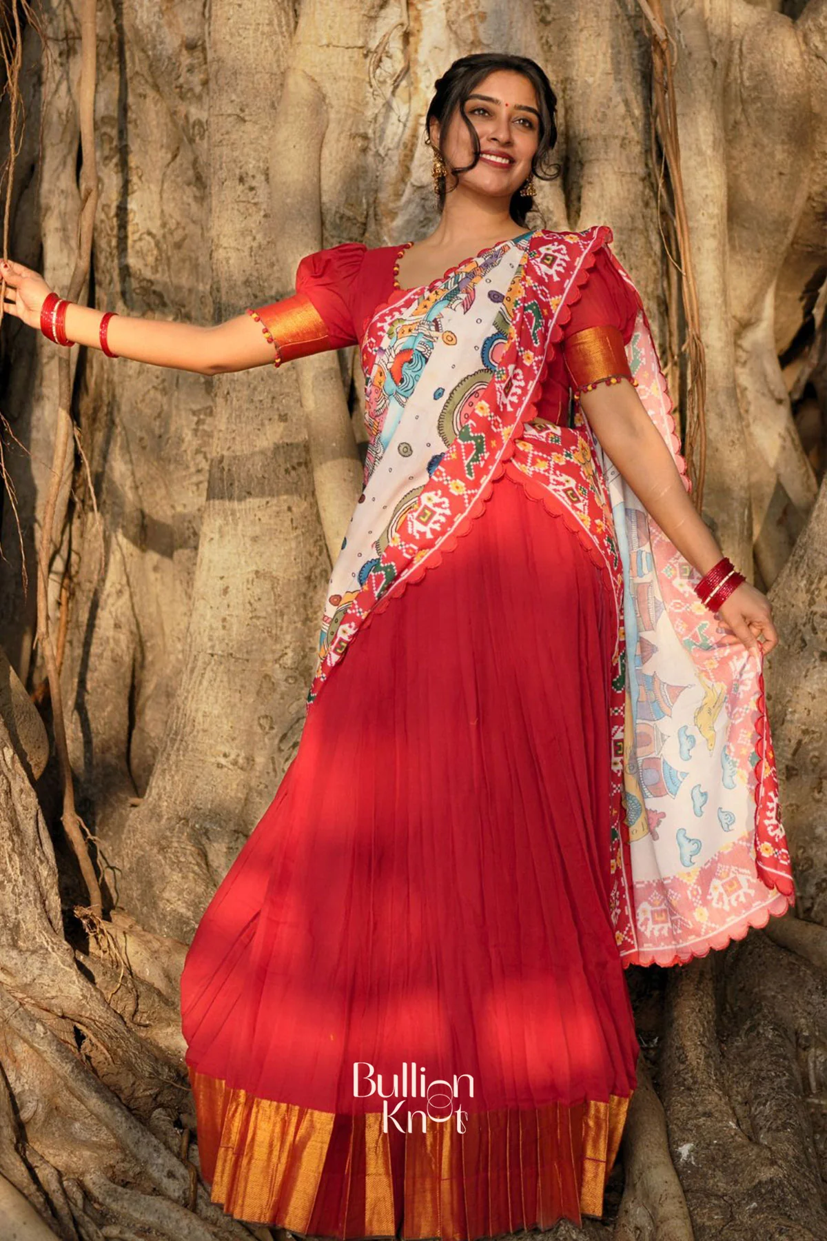Revti Handloom Half Saree in Red - Image 3