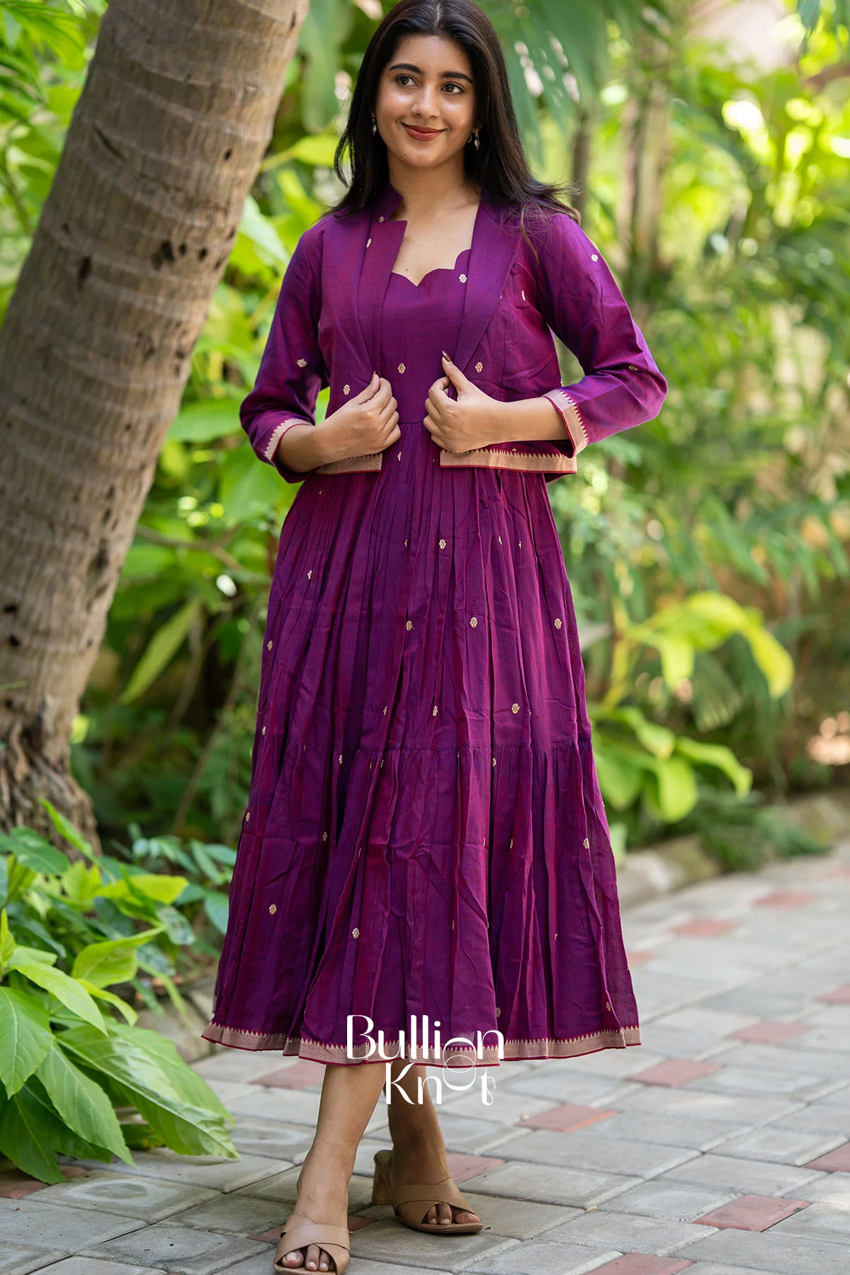 Ridhima Handloom Midi Dress in Magenta with Jacket - Image 3