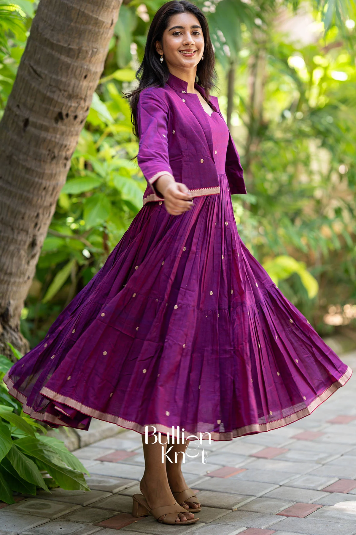 Ridhima Handloom Midi Dress in Magenta with Jacket - Image 6