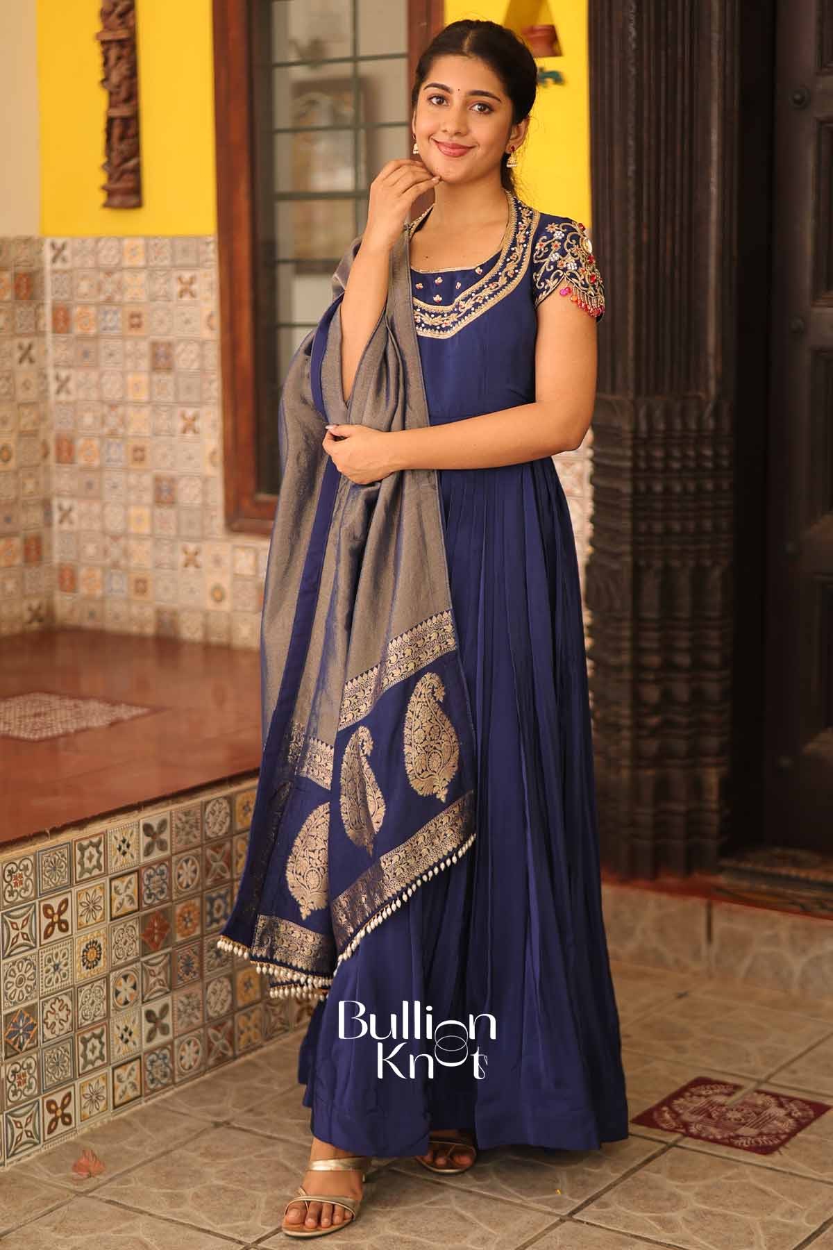 Royal Neelam Blue Natural Crep Anarkali Suit Set by Bullionknot - Image 3