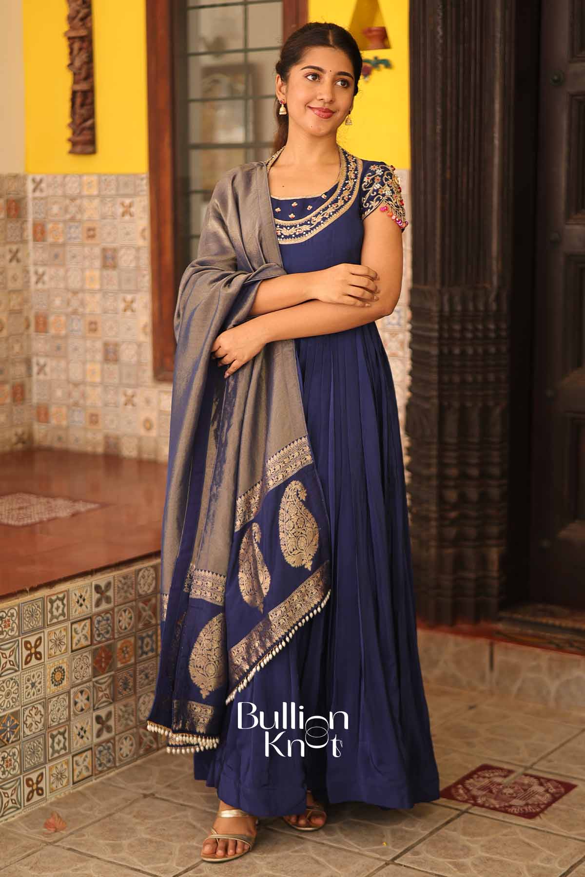 Royal Neelam Blue Natural Crep Anarkali Suit Set by Bullionknot - Image 4
