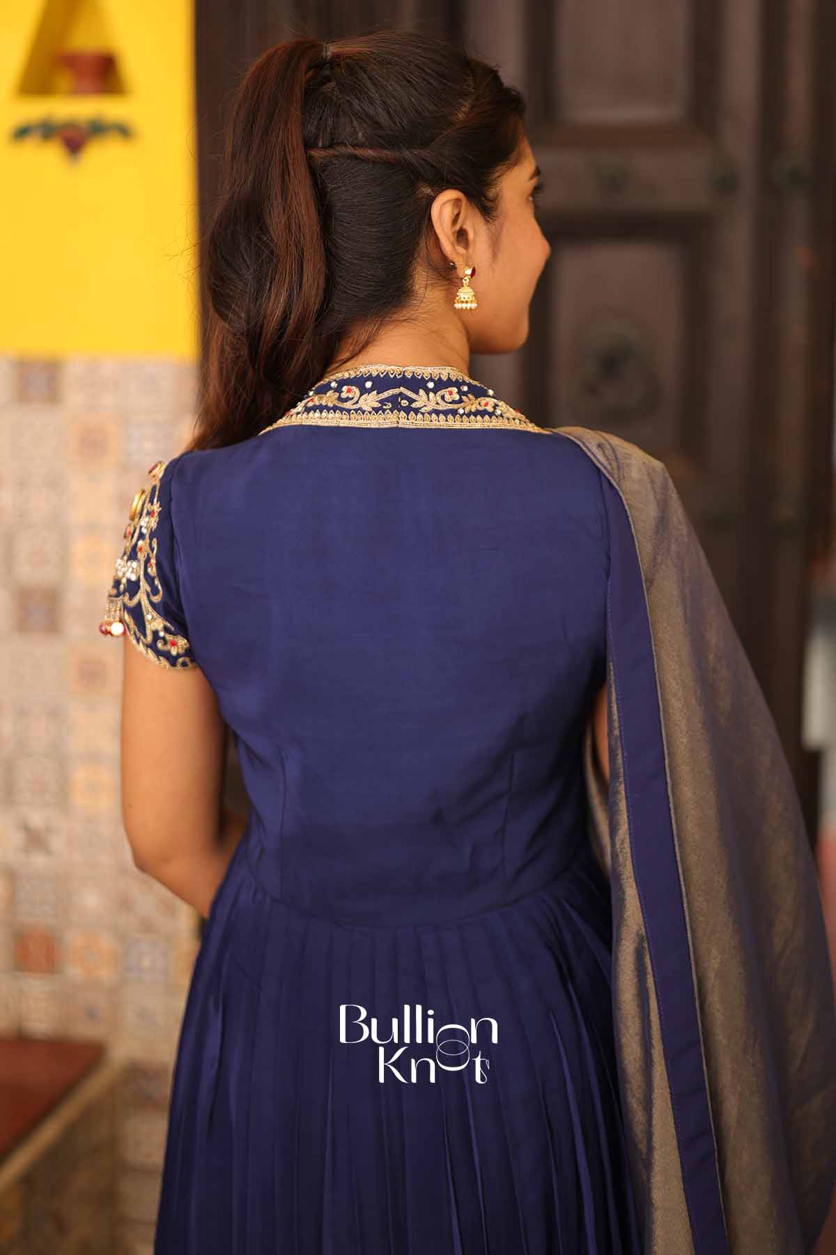 Royal Neelam Blue Natural Crep Anarkali Suit Set by Bullionknot - Image 6