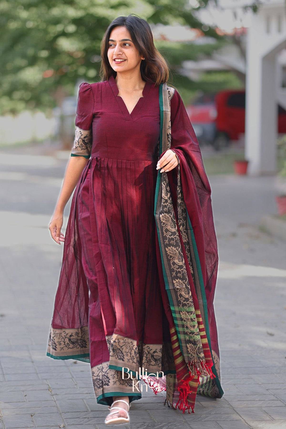 Ruhaana Handloom Maroon puffy Suit Set - Image 3