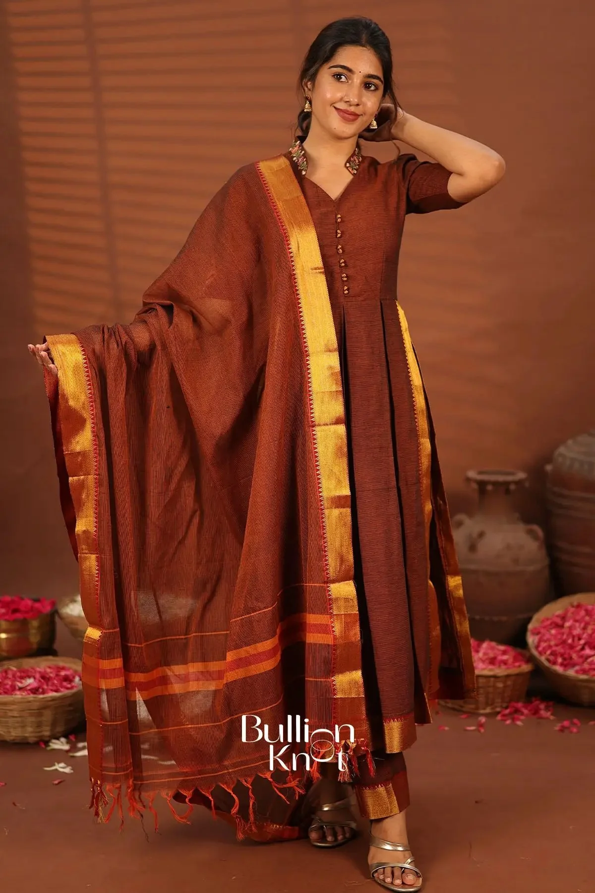 Rutuja Brown Handloom Kurta Set - 3 Piece for Festive Occasions - Image 3