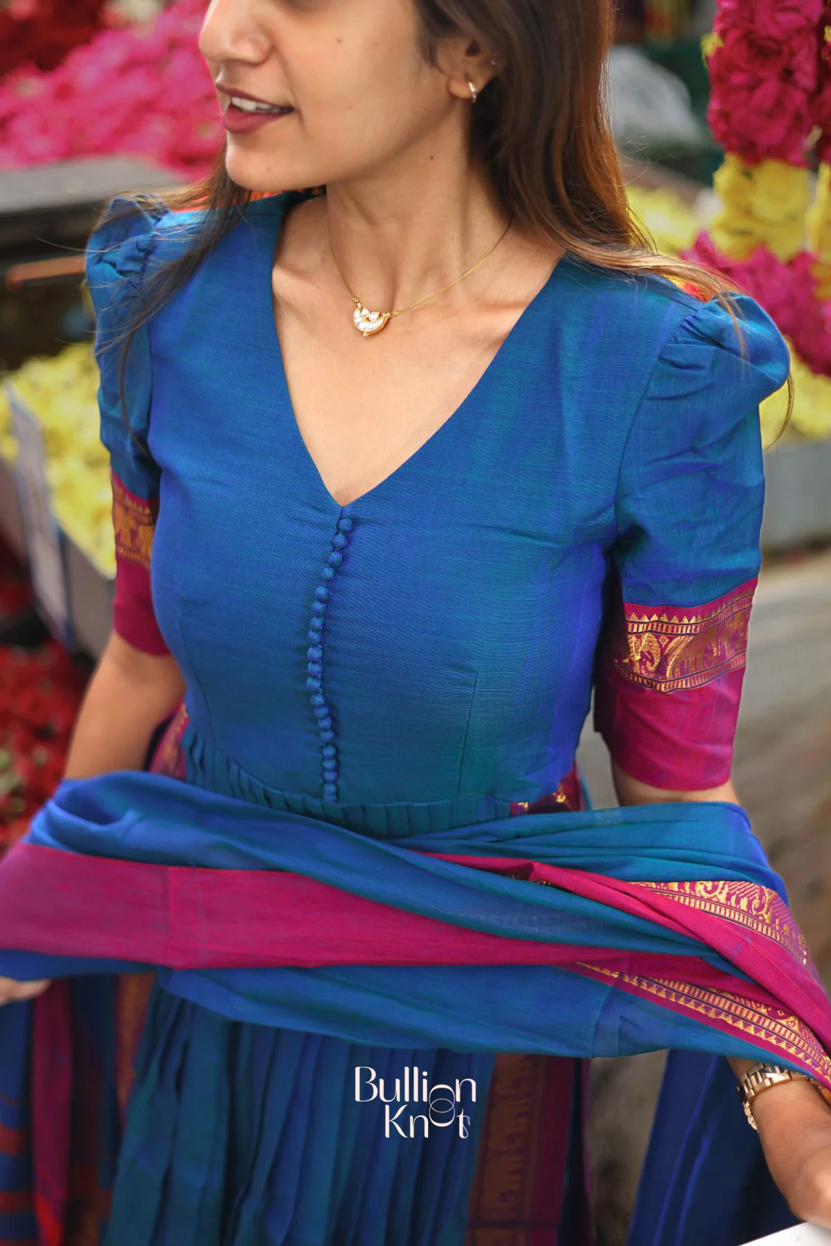Saanchi Peacock Blue V-neckline Suit Set - Image 4