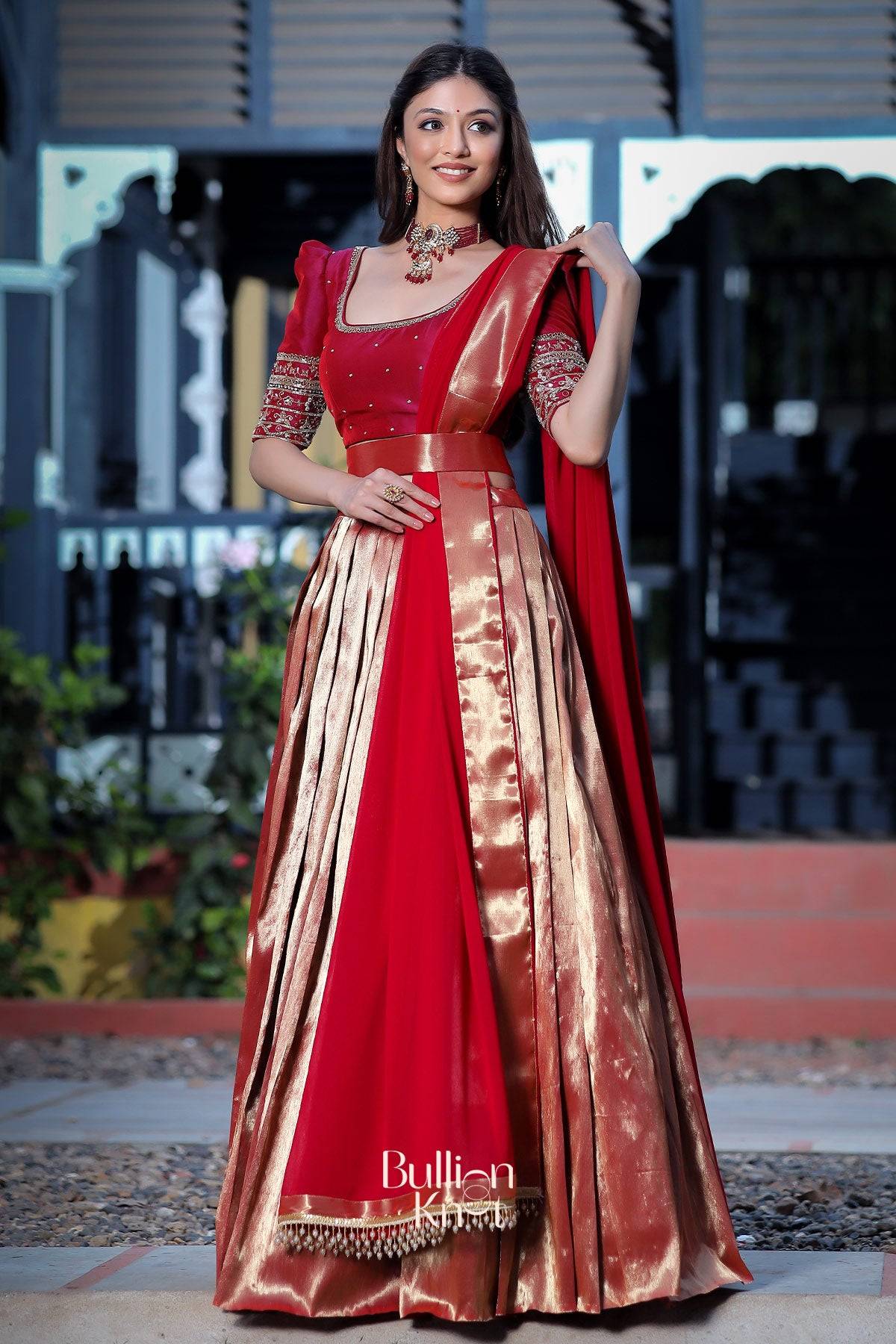 Saffron Banarasi Wine Lehenga Set - Image 4