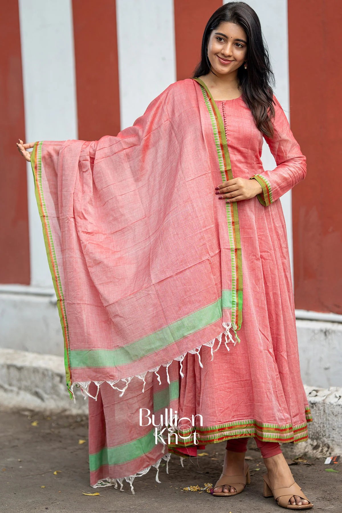 Samaira Handloom Anarkali Coral Pink Dress Set - Image 3