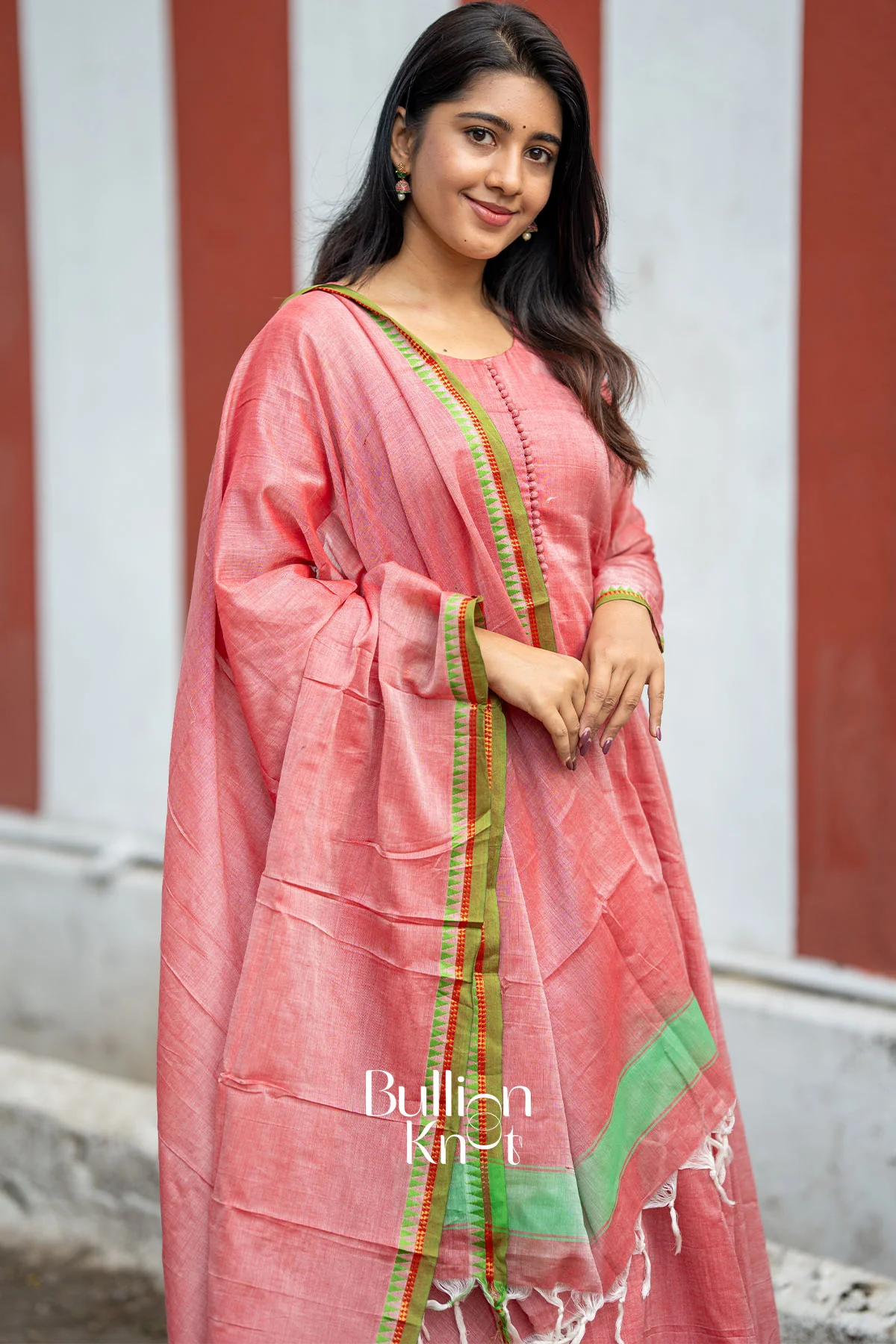 Samaira Handloom Anarkali Coral Pink Dress Set - Image 5