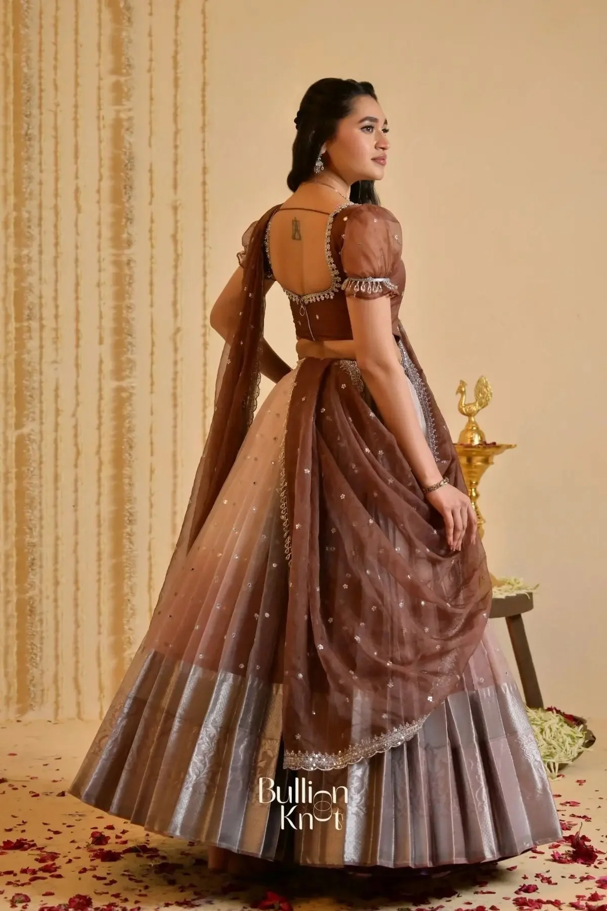 Shabdika Brown  mirror work organza Lehenga Set - Image 4
