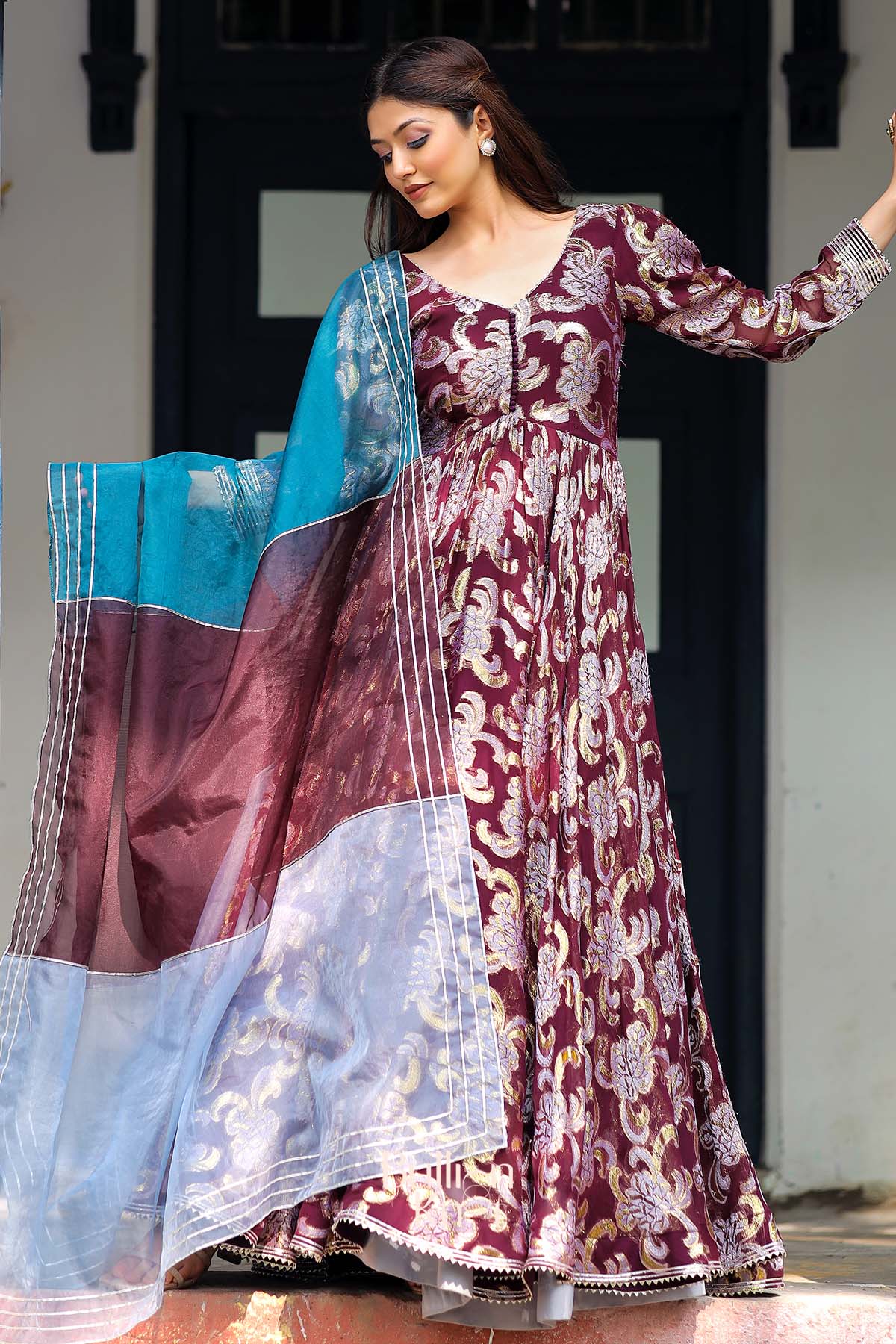 Shimmer Anarkali Suit Set in Brown Wine - Image 3