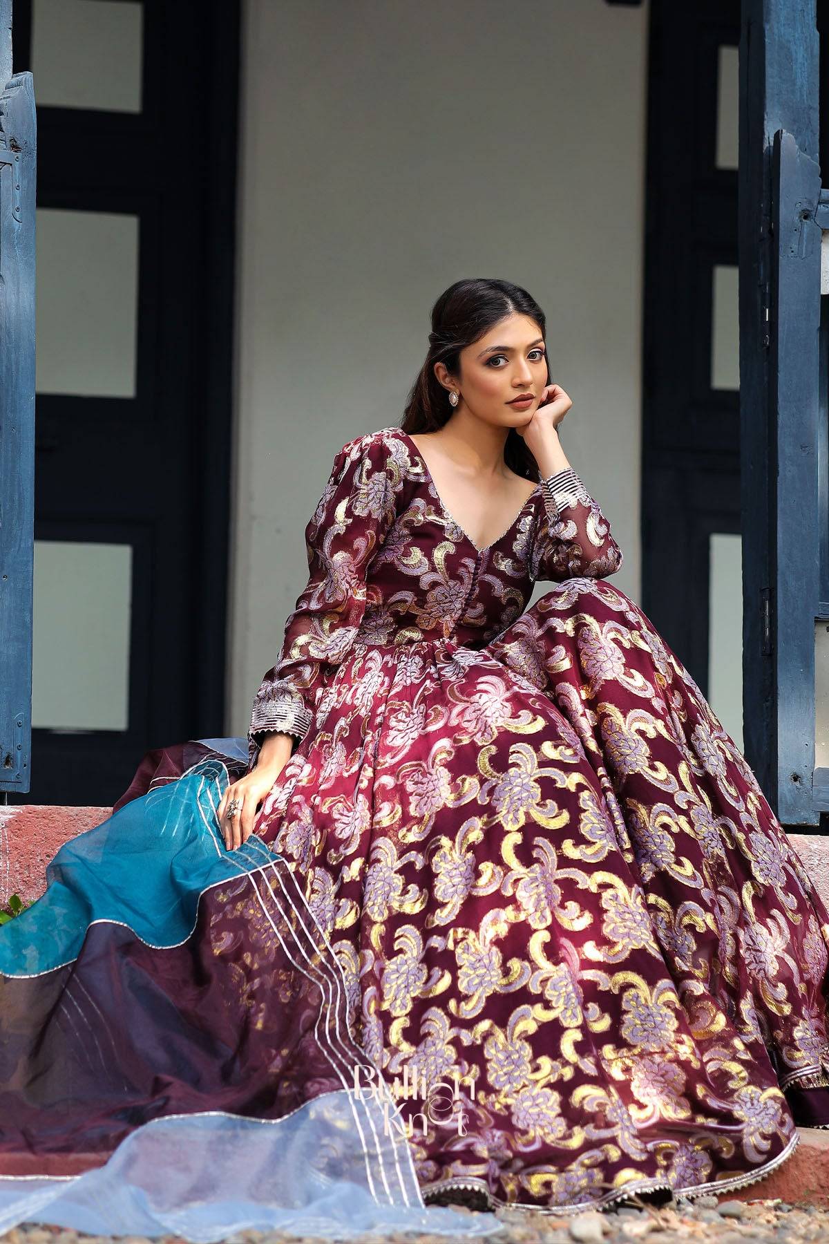 Shimmer Anarkali Suit Set in Brown Wine - Image 4