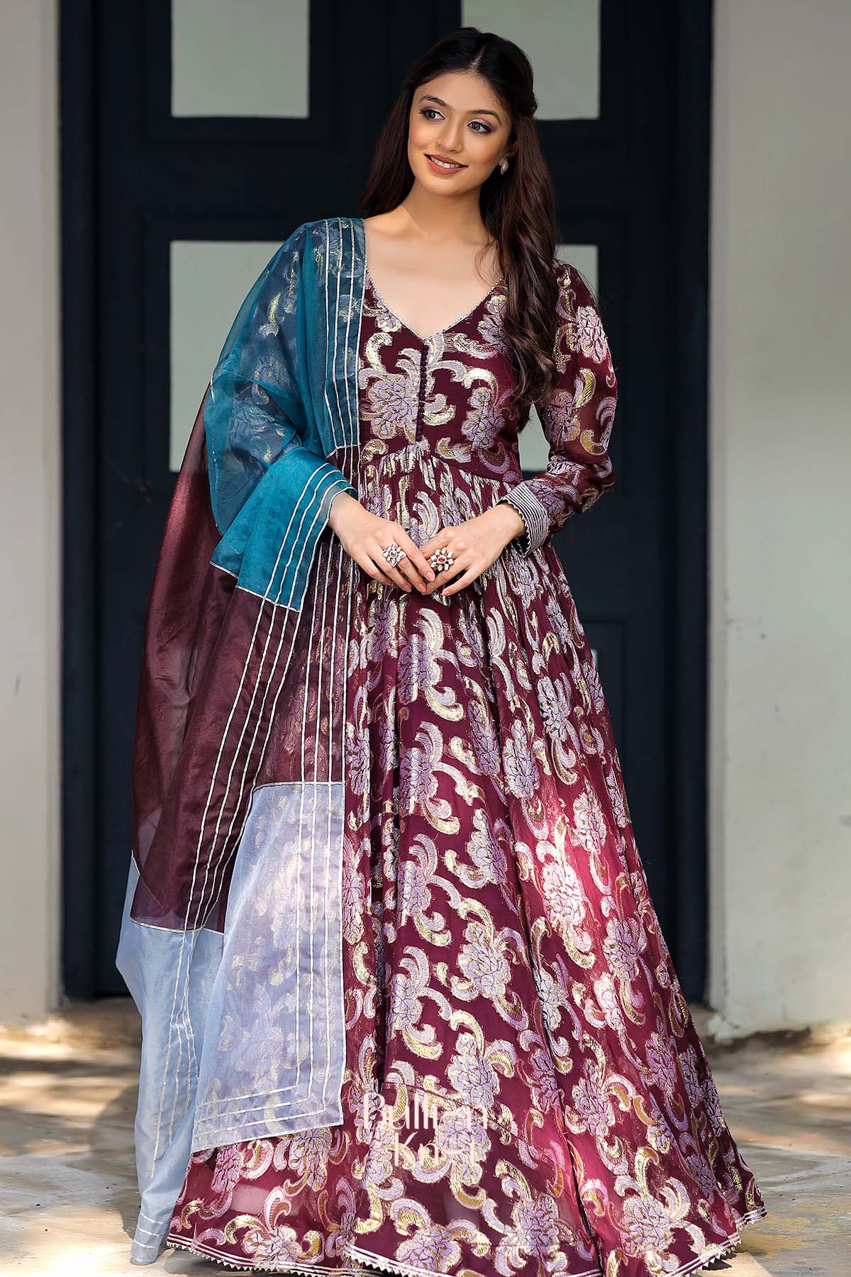 Shimmer Anarkali Suit Set in Brown Wine - Image 5