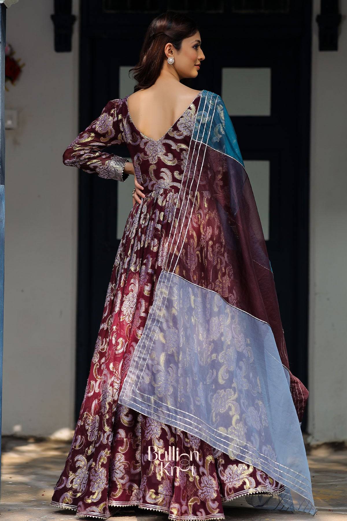 Shimmer Anarkali Suit Set in Brown Wine - Image 6