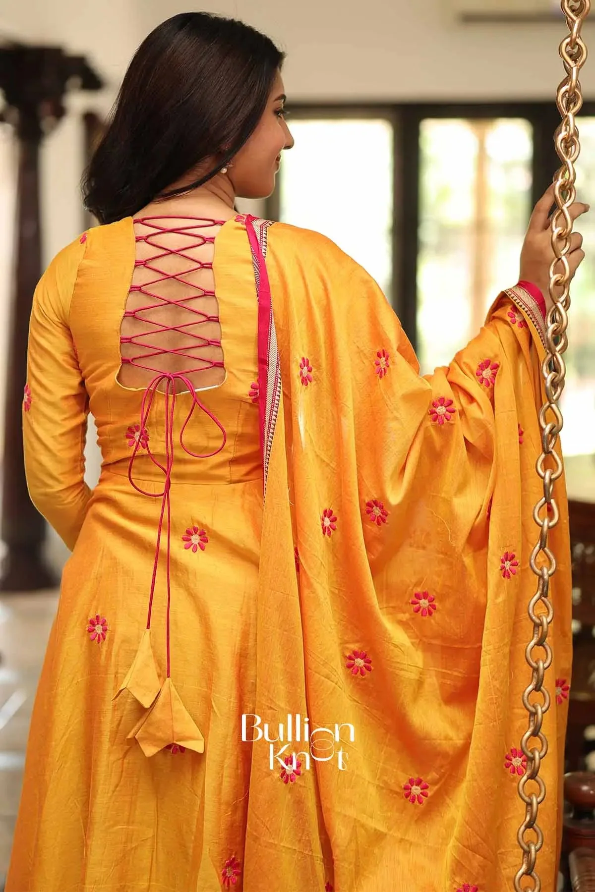 Suneeti Yellow Handloom Anarkali Kurta Set for Celebrations - Image 4