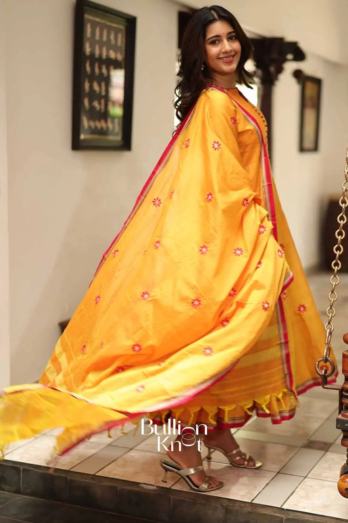 Suneeti Yellow Handloom Anarkali Kurta Set for Celebrations - Image 5