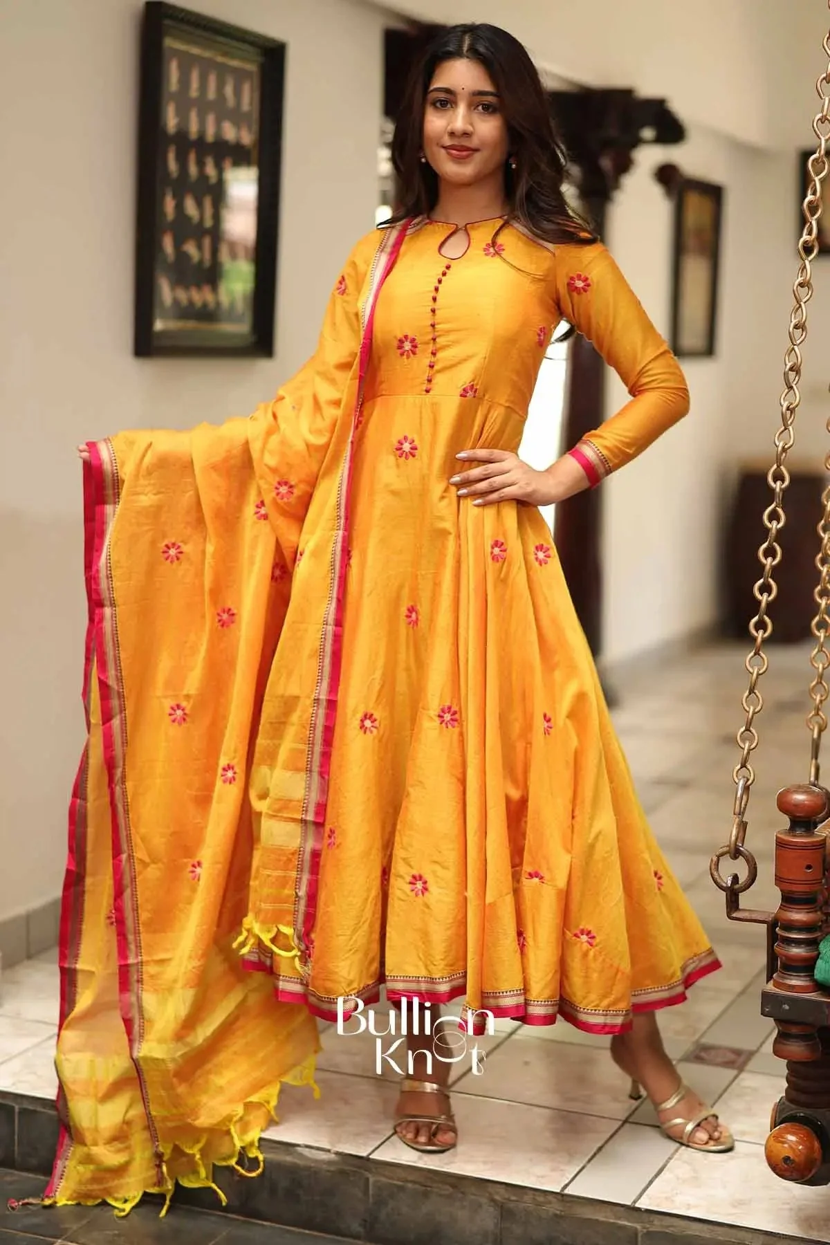 Suneeti Yellow Handloom Anarkali Kurta Set for Celebrations - Image 6