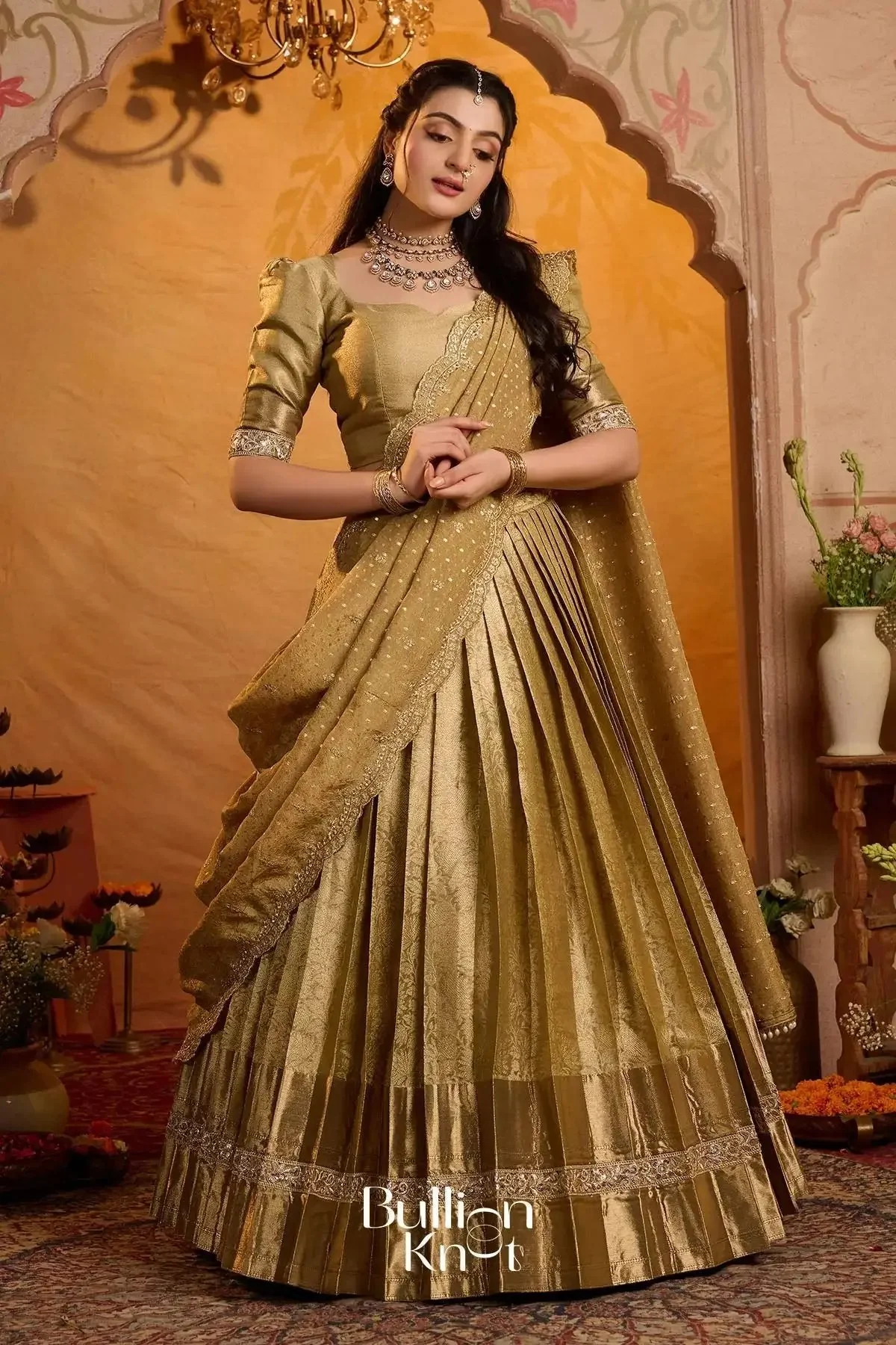 Swarnamayi Kanjivaram Silk Lehenga Set in Golden - Image 6