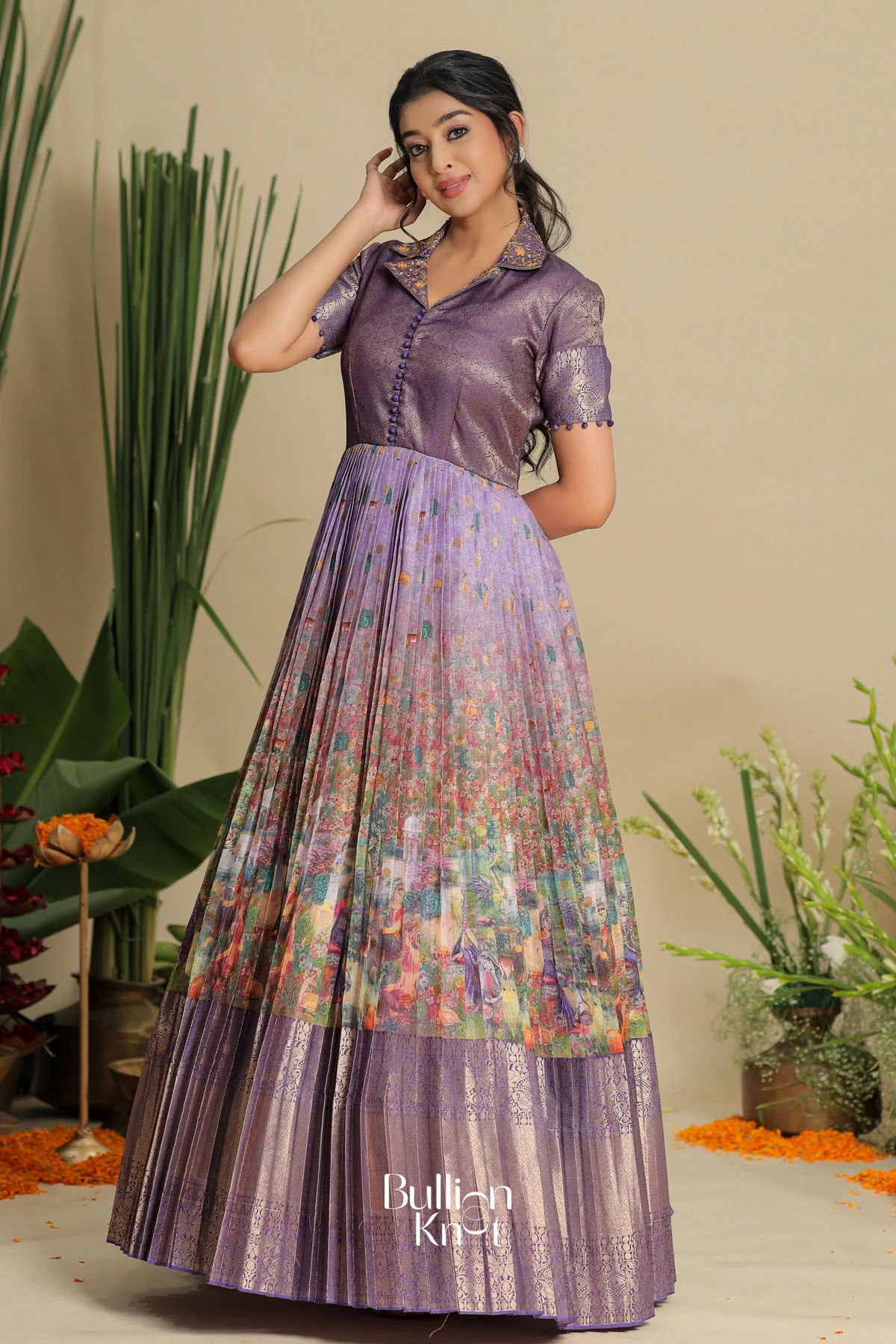 Vedika Kota Zari Pattu Lavender Collar Neckline Gown Dress - Image 4