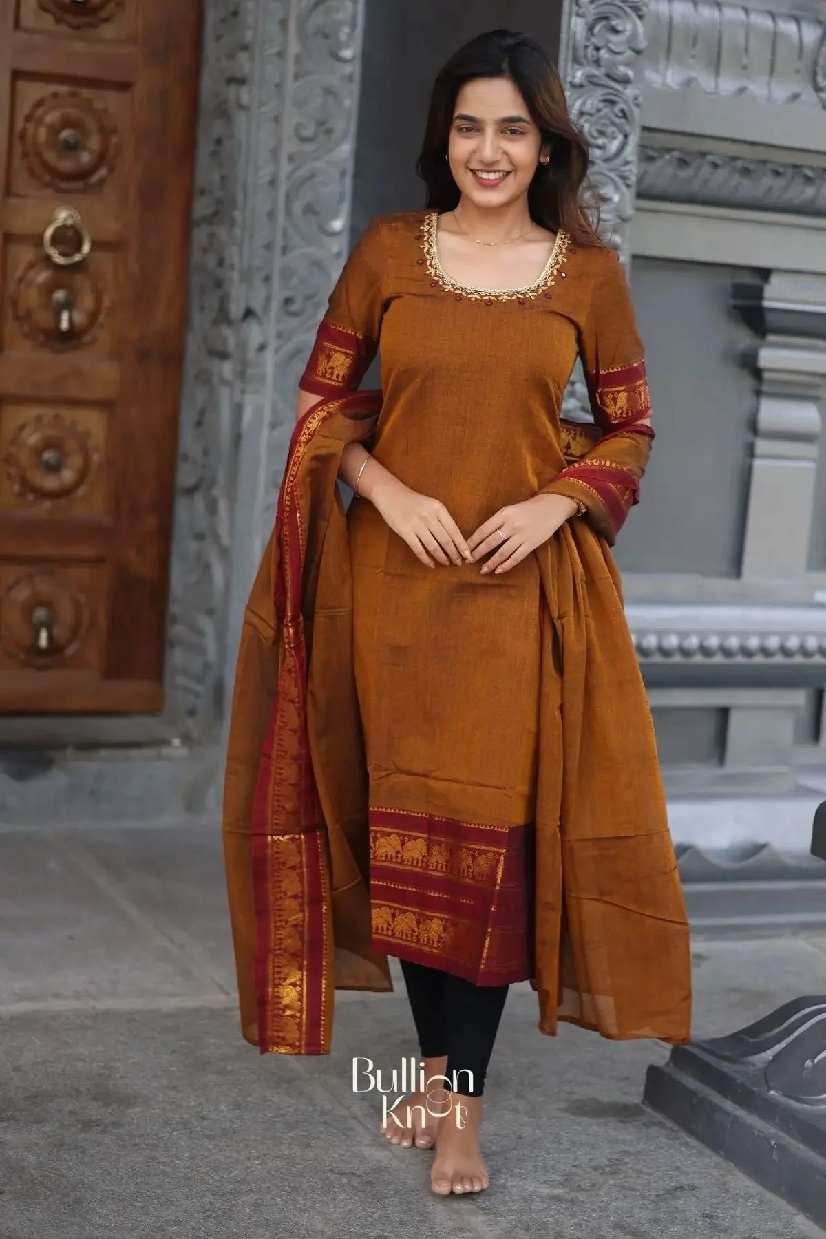 Vidhya  Handloom Ochre Yellow Suit Set - Image 4